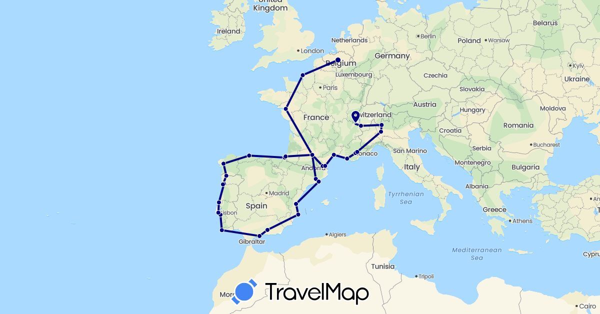 TravelMap itinerary: driving in Belgium, Spain, France, Italy, Portugal (Europe)